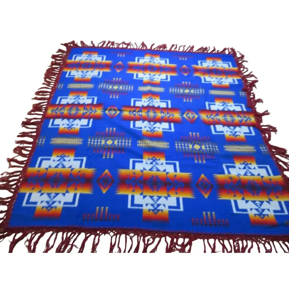 Beaver State Pendleton Fringed Wool Blanket Southwest Beige Blue Red 69x65